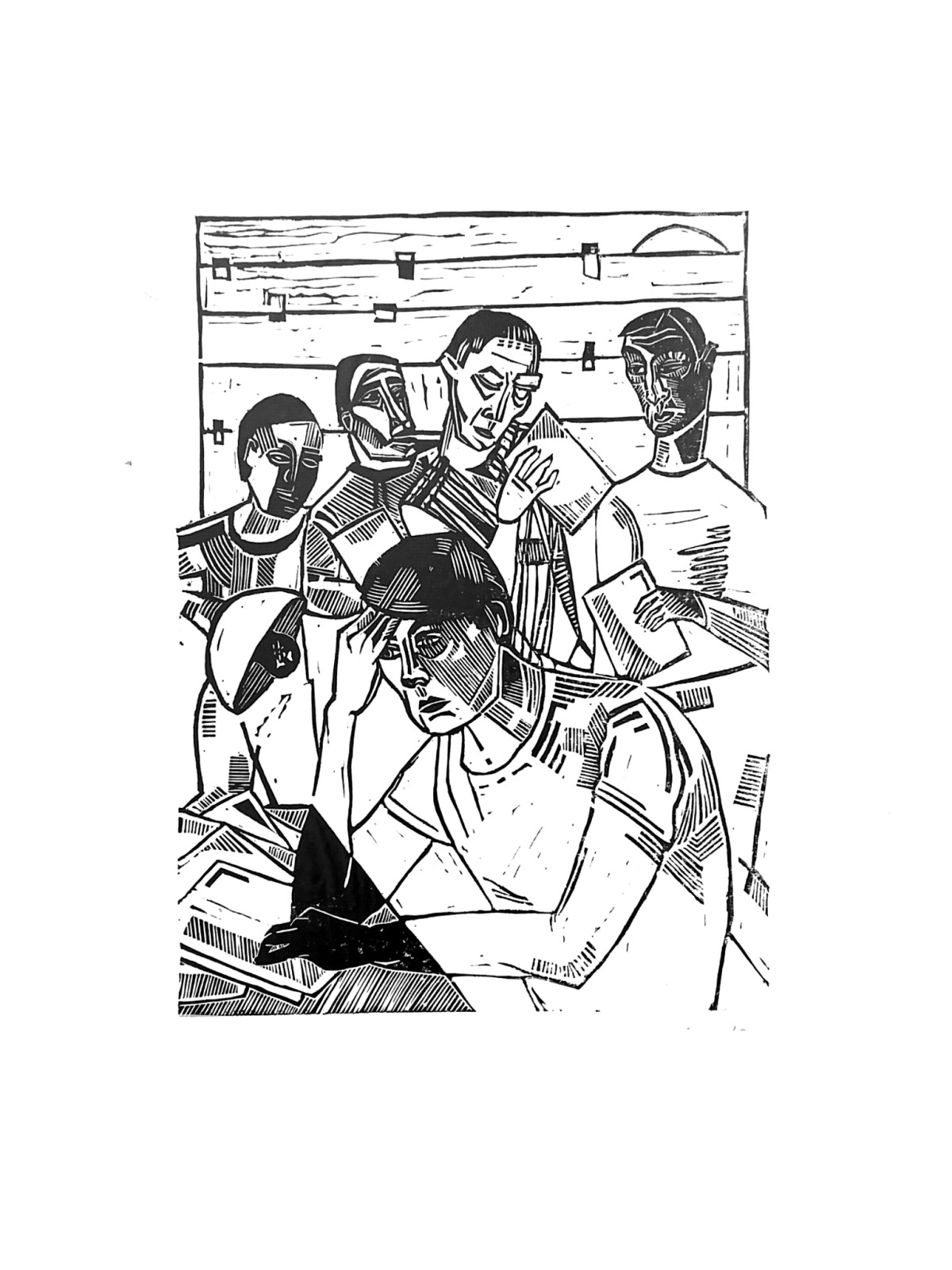 Linocut print Self-portrait as a clerk by Sylwia Zawiślak, And when the crisis series, contemporary printmaking
