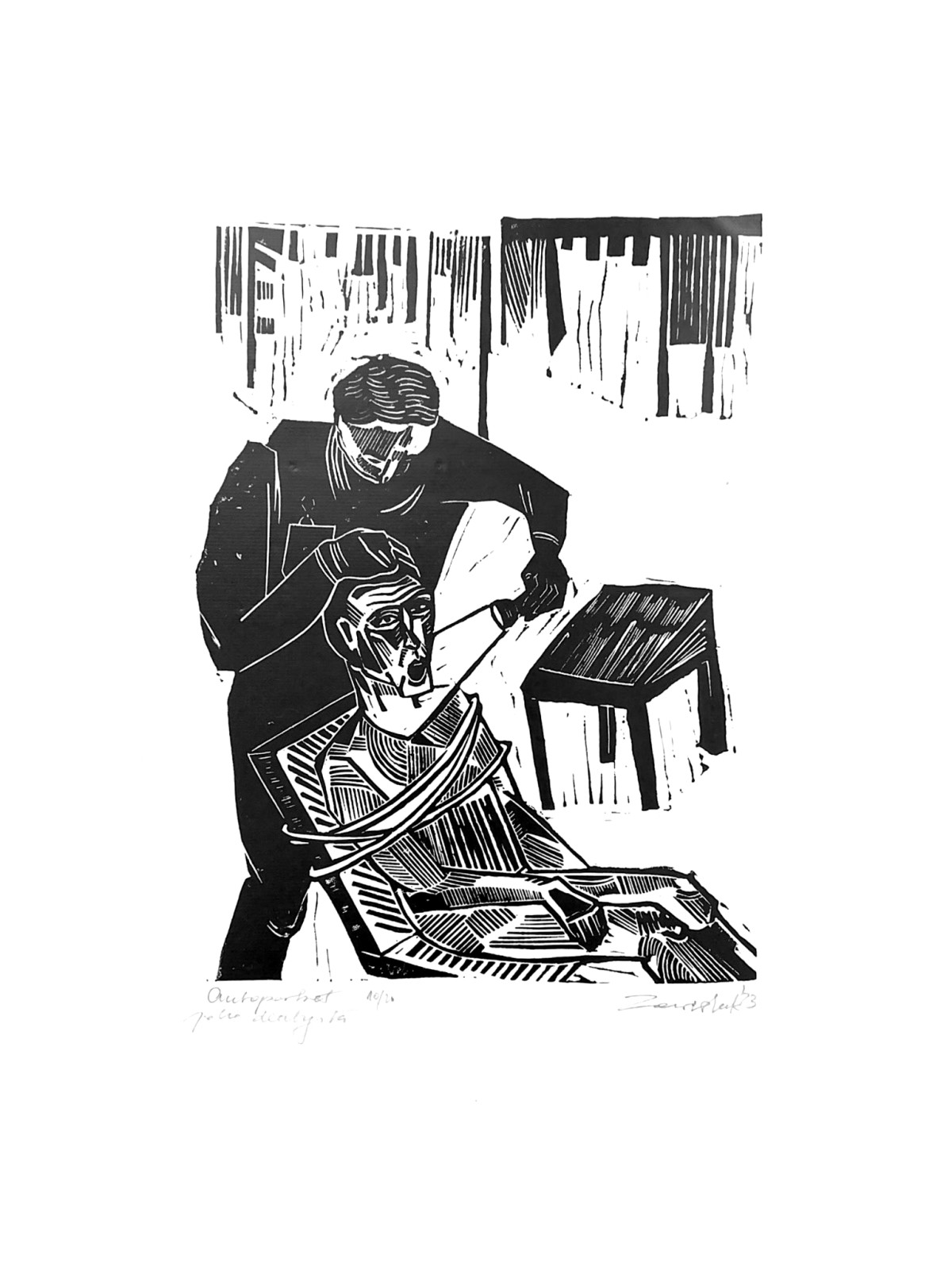 Linocut print Self-portrait as a dentist by Sylwia Zawiślak, And when the crisis series, contemporary printmaking
