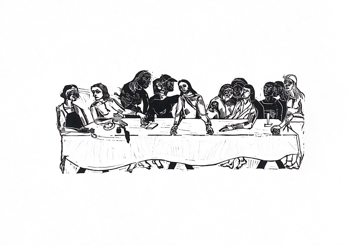 Linocut print Last supper with sisters by Sylwia Zawiślak, Change series, contemporary printmaking