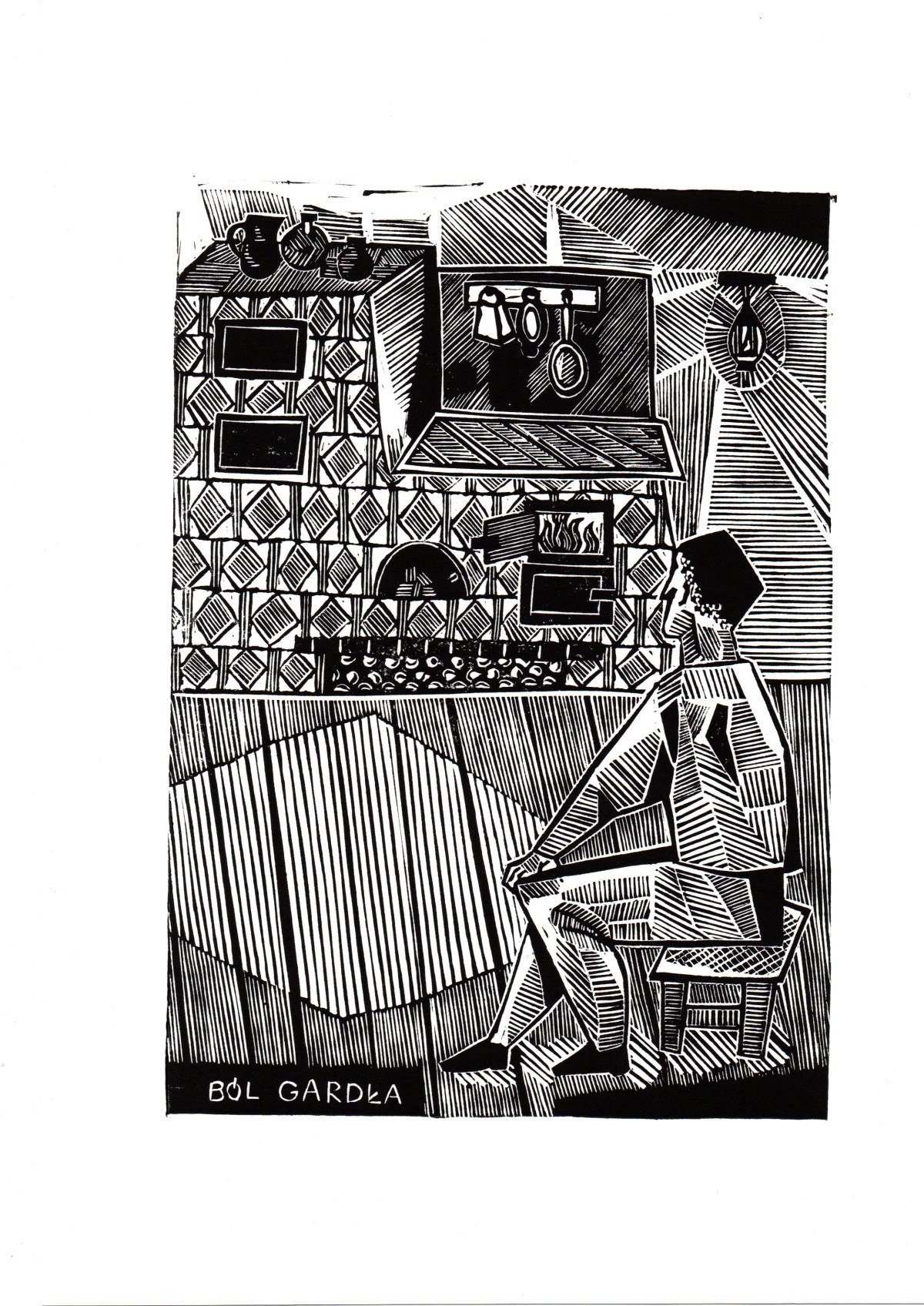 Linocut print The sore throat by Sylwia Zawiślak, Disease festival, contemporary printmaking