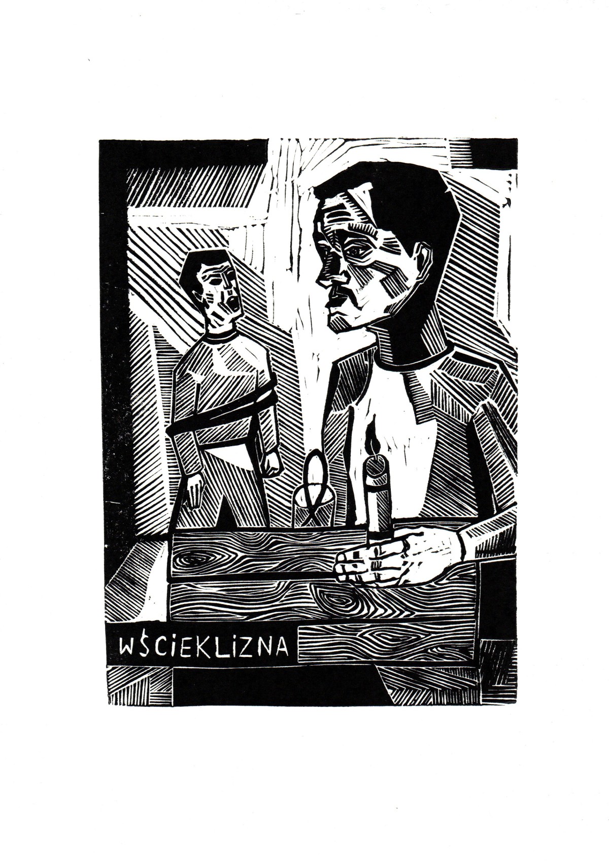 Linocut print The rabies by Sylwia Zawiślak, Disease festival, contemporary printmaking