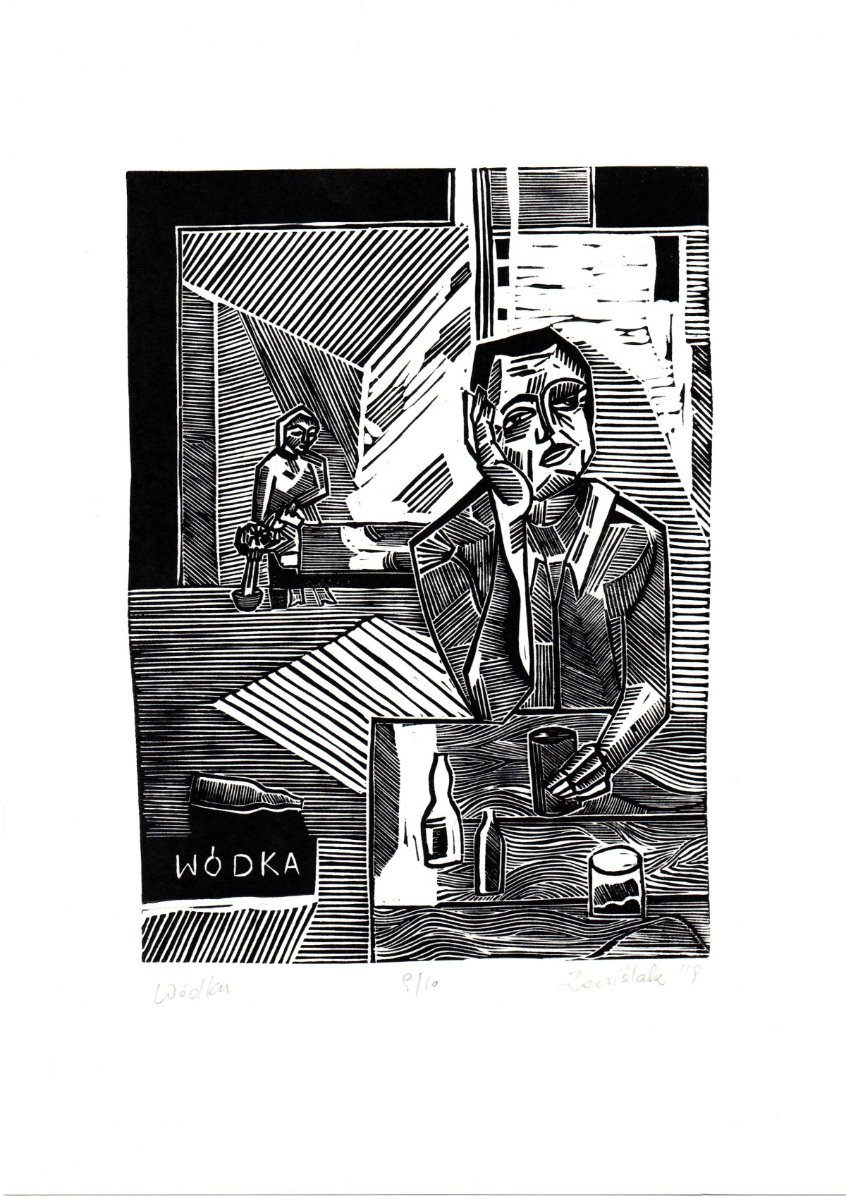 Linocut print Alcoholism by Sylwia Zawiślak, Disease festival, contemporary printmaking