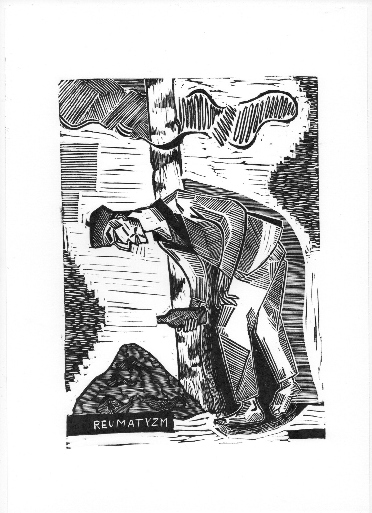 Linocut print Rheumatism by Sylwia Zawiślak, Disease festival, contemporary printmaking