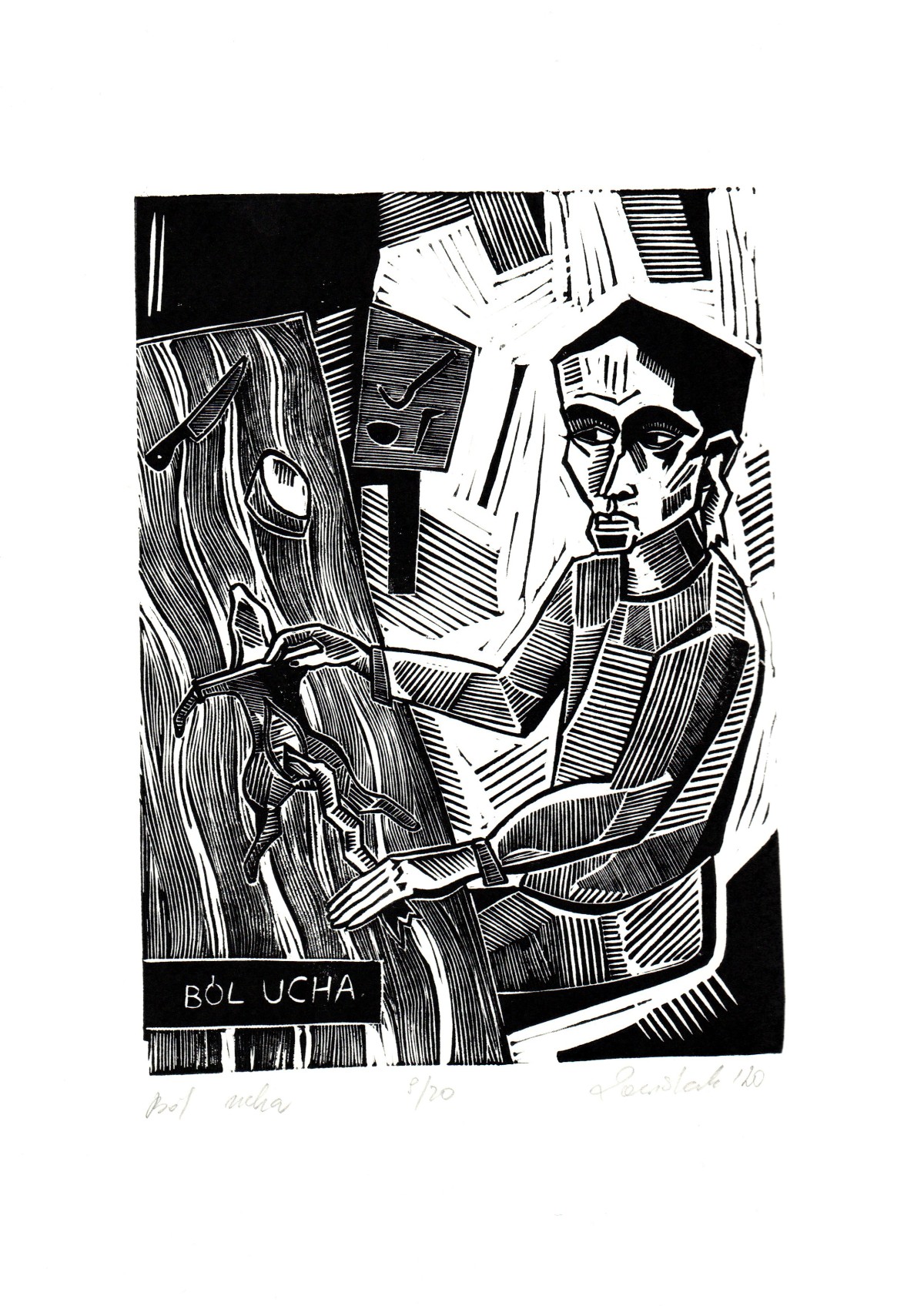 Linocut print The sore throat by Sylwia Zawiślak, Disease festival, contemporary printmaking