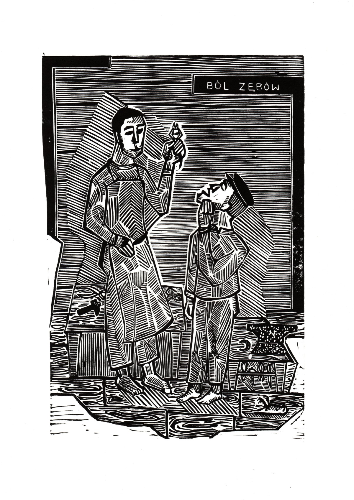 Linocut print The toothache throat by Sylwia Zawiślak, Disease festival, contemporary printmaking