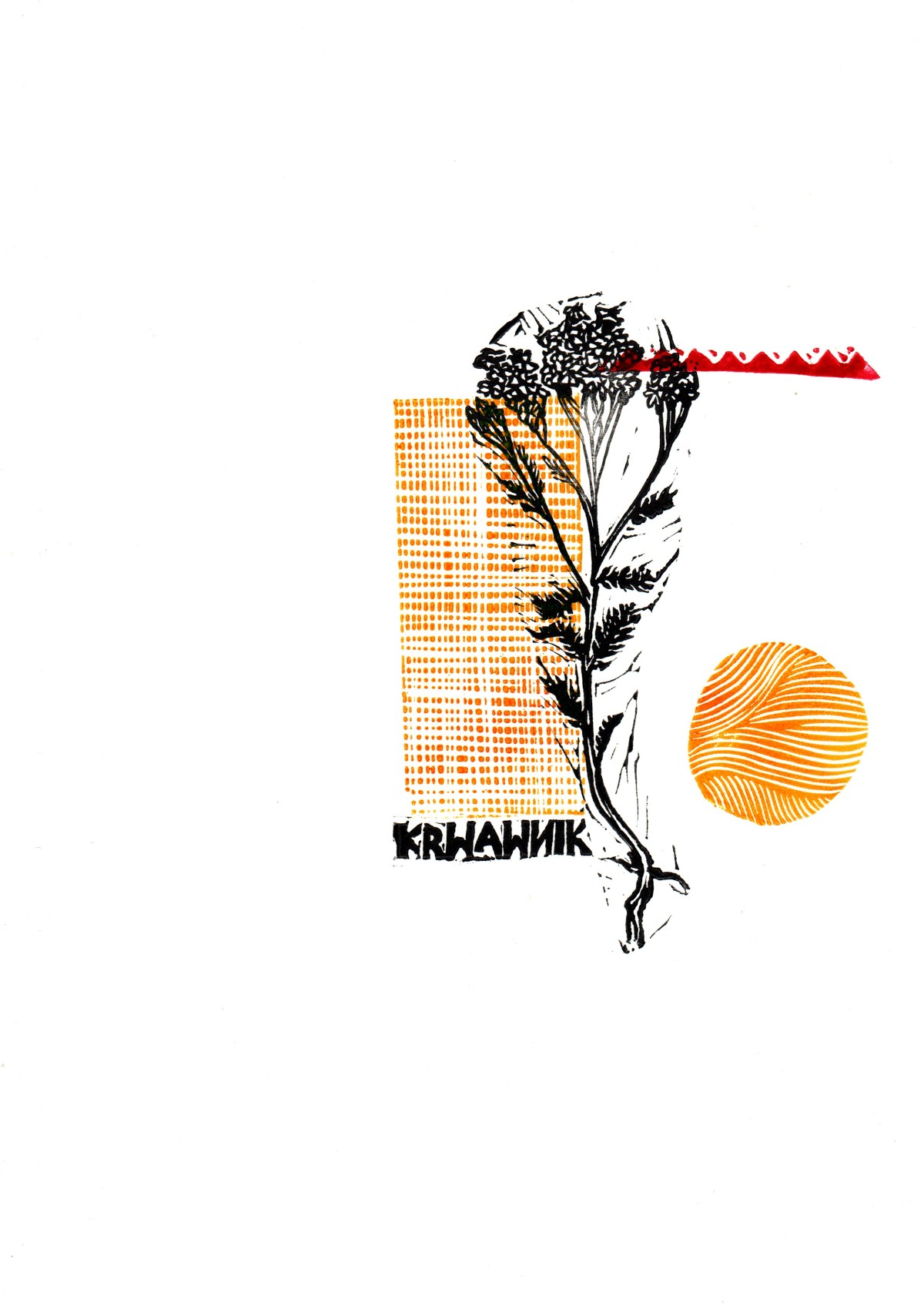 Linocut print The headache by Sylwia Zawiślak, Disease festival, contemporary printmaking