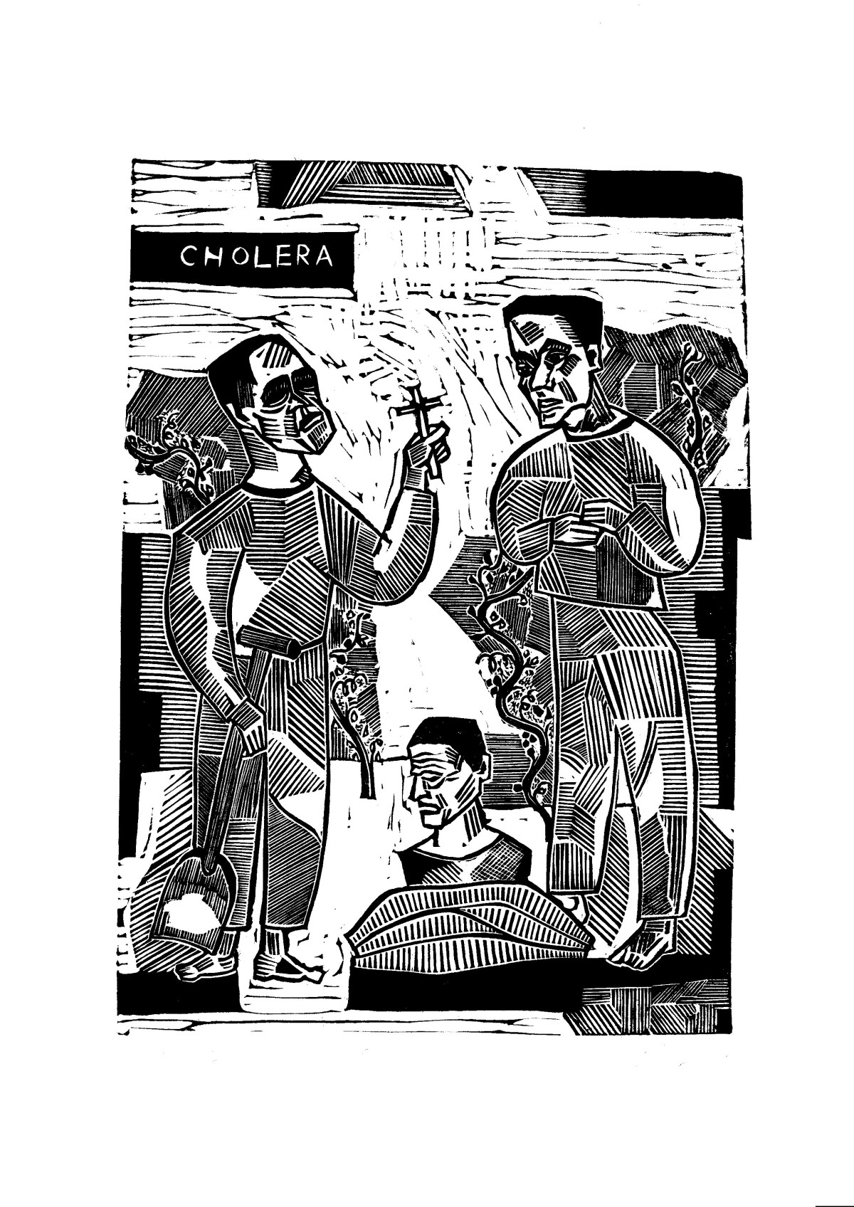 Linocut print Cholera by Sylwia Zawiślak, Disease festival, contemporary printmaking