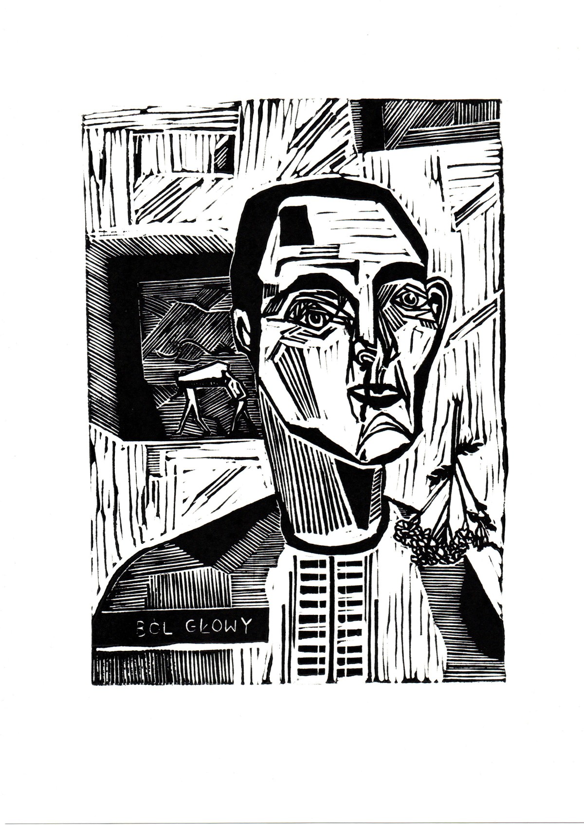 Linocut print The headache throat by Sylwia Zawiślak, Disease festival, contemporary printmaking