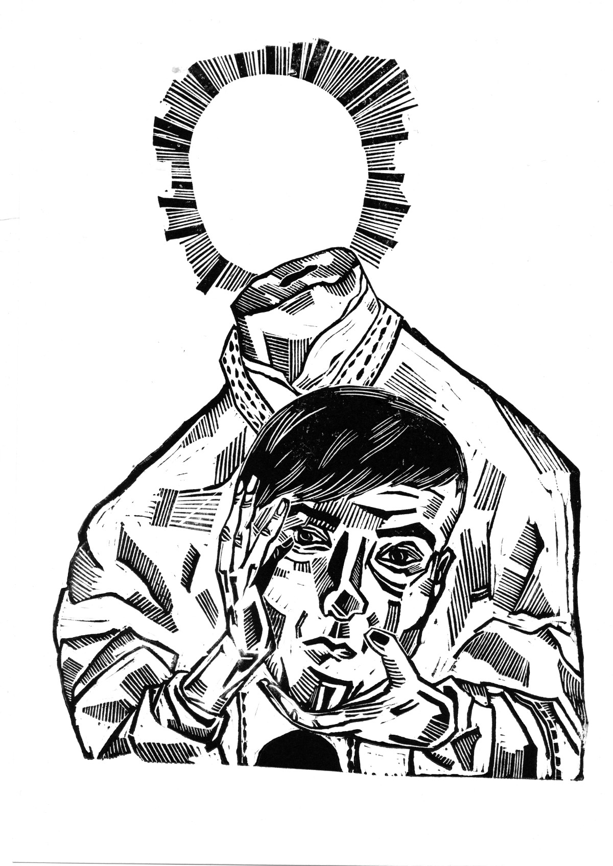 Linocut print Self-portrait as St. Dionysius by Sylwia Zawiślak, God, Your strength gives birth to madness, contemporary printmaking