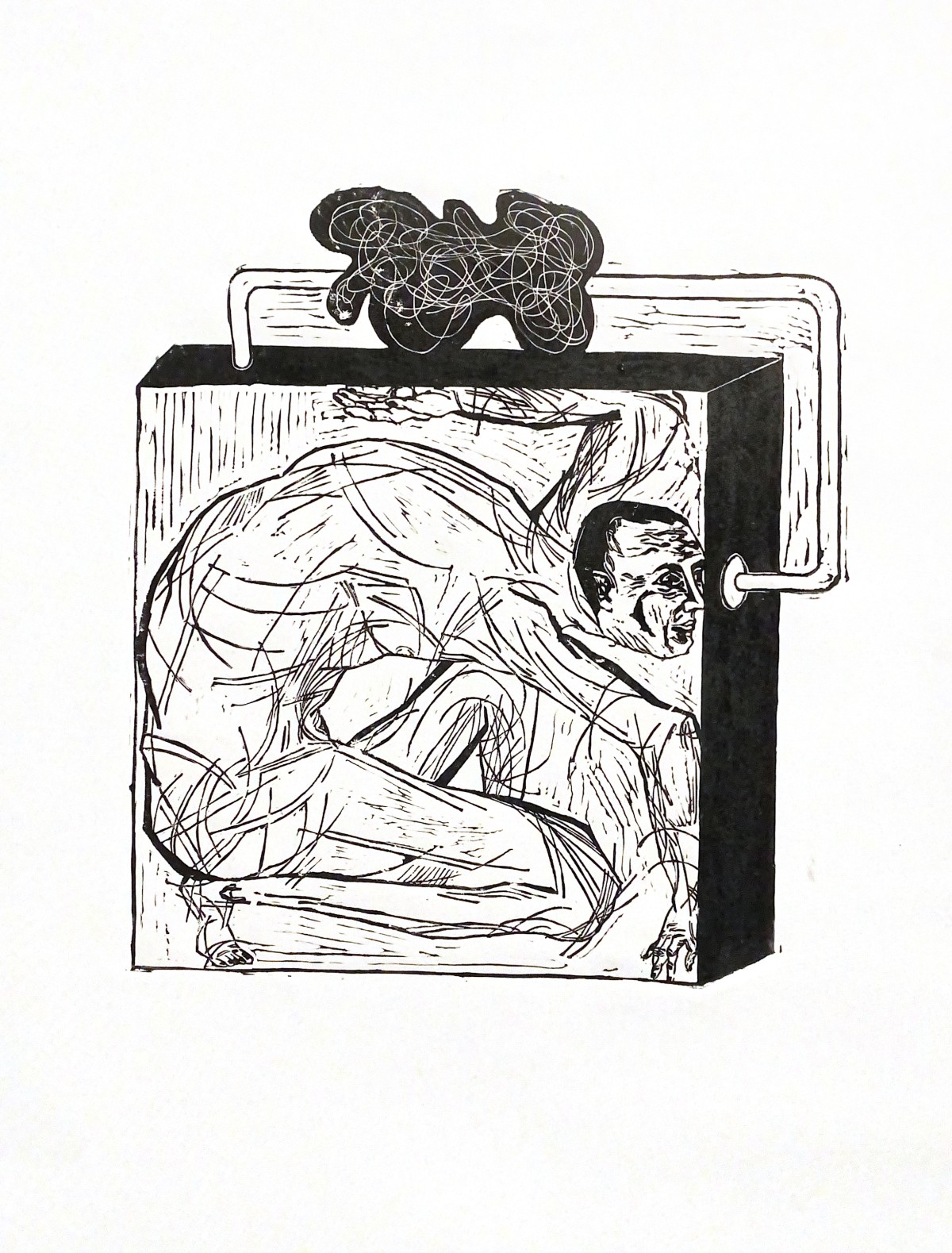 Linocut print Waiting for better times by Sylwia Zawiślak, Heal yourself harder series, contemporary printmaking