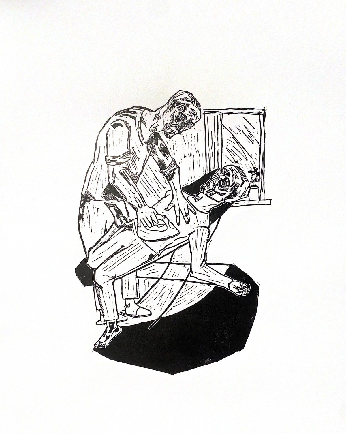 Linocut print Self-ironing by Sylwia Zawiślak, Heal yourself harder series, contemporary printmaking